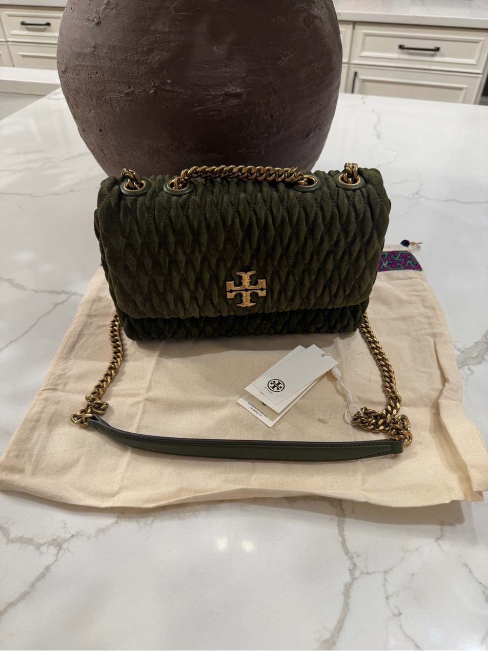 Tory Burch Olive Green Quilted Chain Shoulder Bag with Gold Hardware